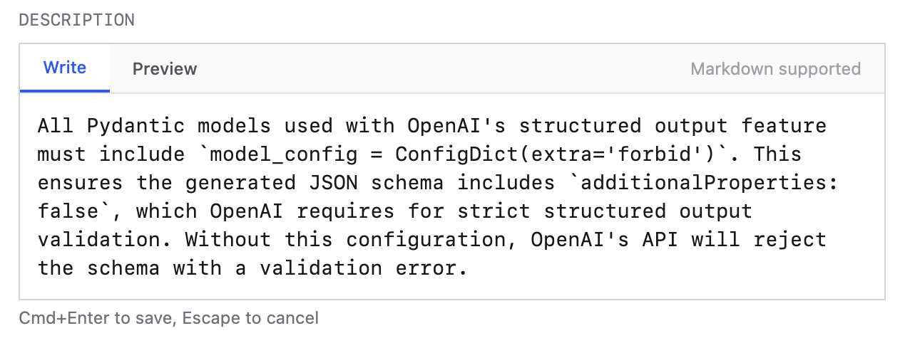 A screenshot of our new policy editor, showing a text box with "Write" and "Preview" tabs. the "Write" tab is selected, showing content that contains markdown syntax